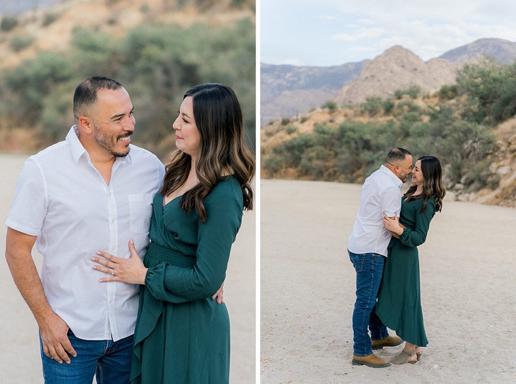 couples photography in catalina state park tucson with green dress