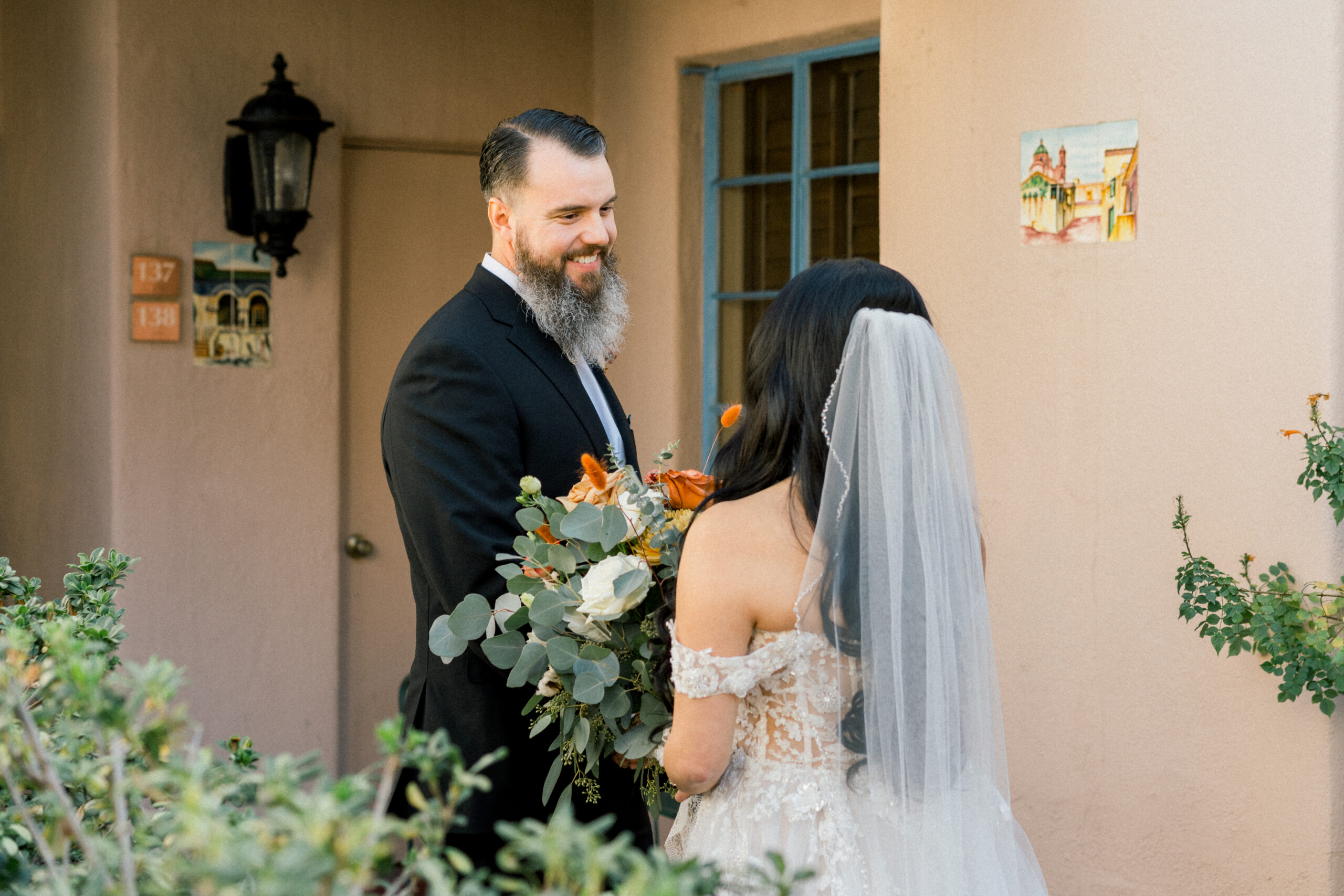 Wedding in Tucson, Az. Bride and groom meet up for a first look before the Ceremony. Ruby Sandoval Photography.