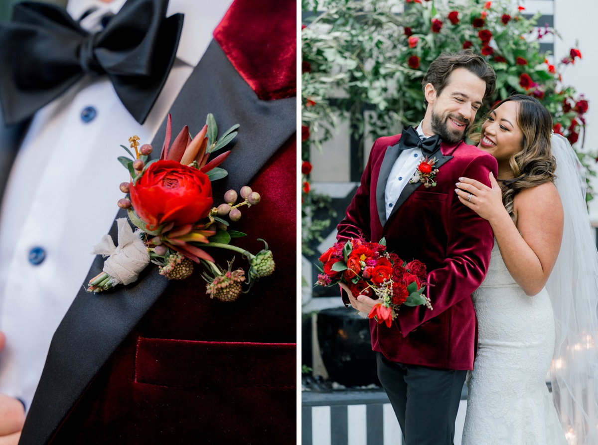 Red-Themed Wedding Inspiration session at Hotel Californian in Santa Barbara, CA. Ruby Sandoval Photography